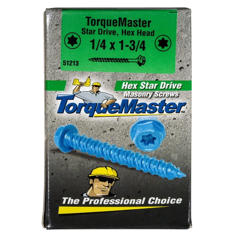 torque master Star Drive Hex Washer Head Masonry Screws, 100 Pieces with Drill Bit - 1/4" x 1-3/4" Concrete Masonry Screws, Rust Resistant High Strength - Image 3